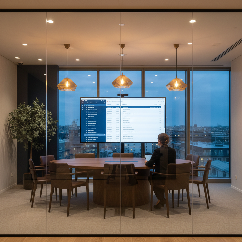Mötesrum genom glasvägg med person sedd bakifrån som studerar dokumentarkiv på väggskärm - AI-assisterad genomgång av historiska styrelseprotokoll