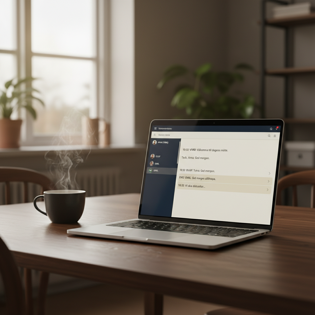Laptop med transkriberingsapp och tidsstämplade mötesanteckningar på mörkt ekbord med rykande kaffekopp - AI-assisterad transkribering av styrelsemöte