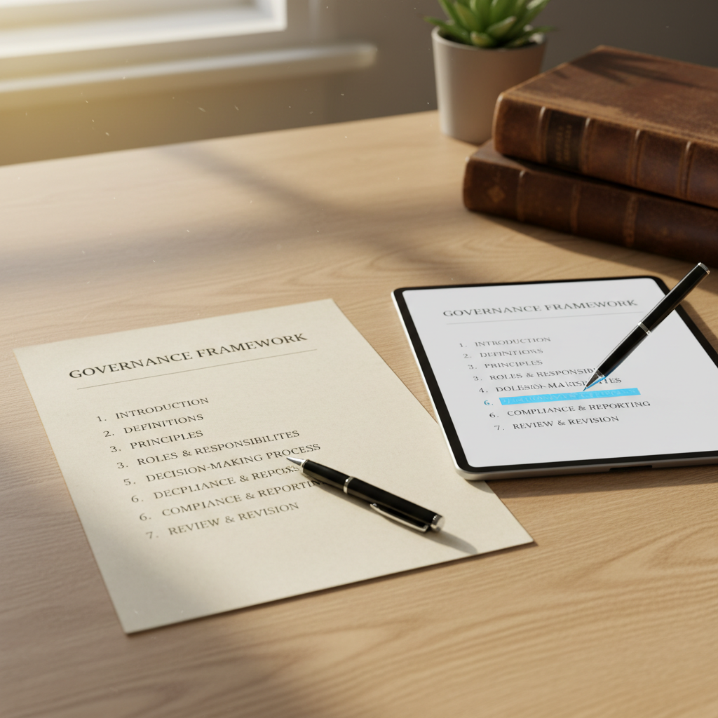 Illustration av en årsplanering för styrelsemöten med tidslinjer och agendapunkter i navy och guld