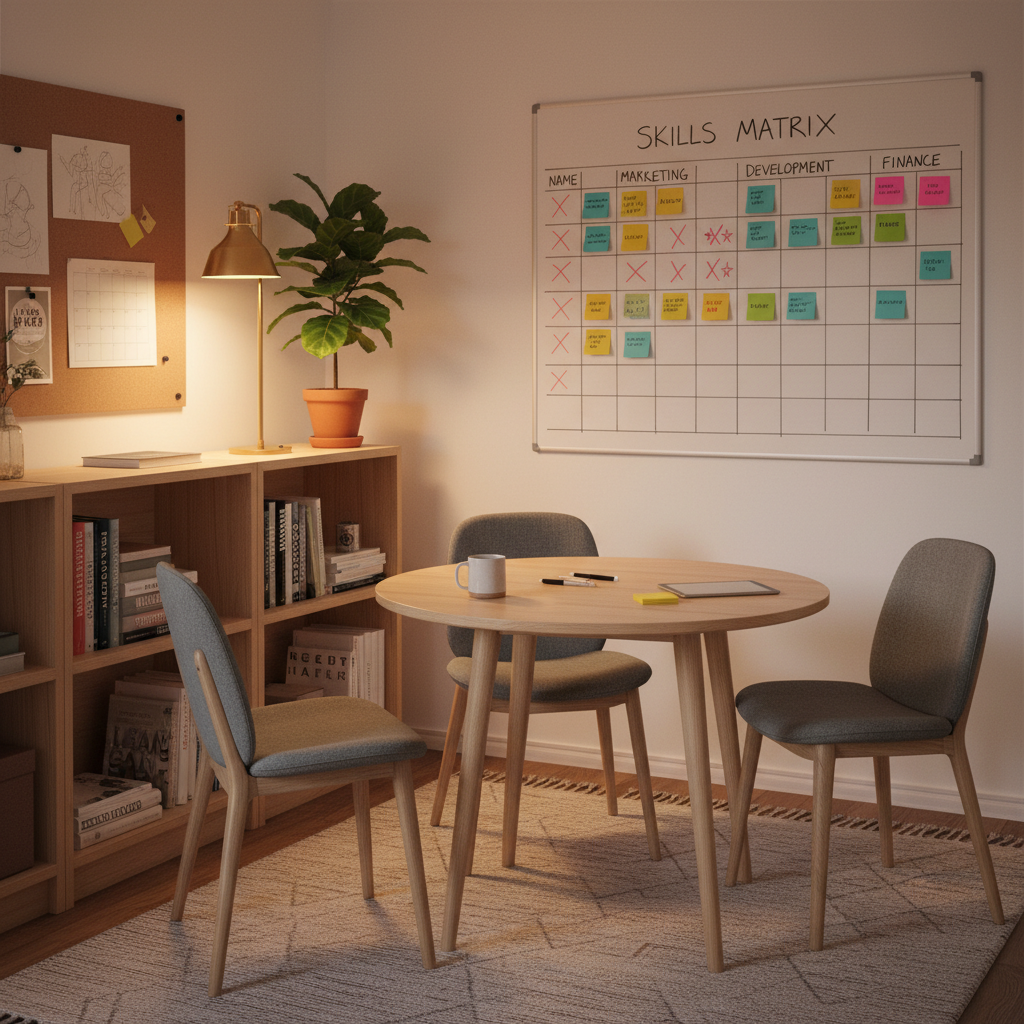 Illustration av en kompetensmatris för styrelsesammansättning med ikoner för ekonomi, juridik, bransch och nätverk i navy och guld