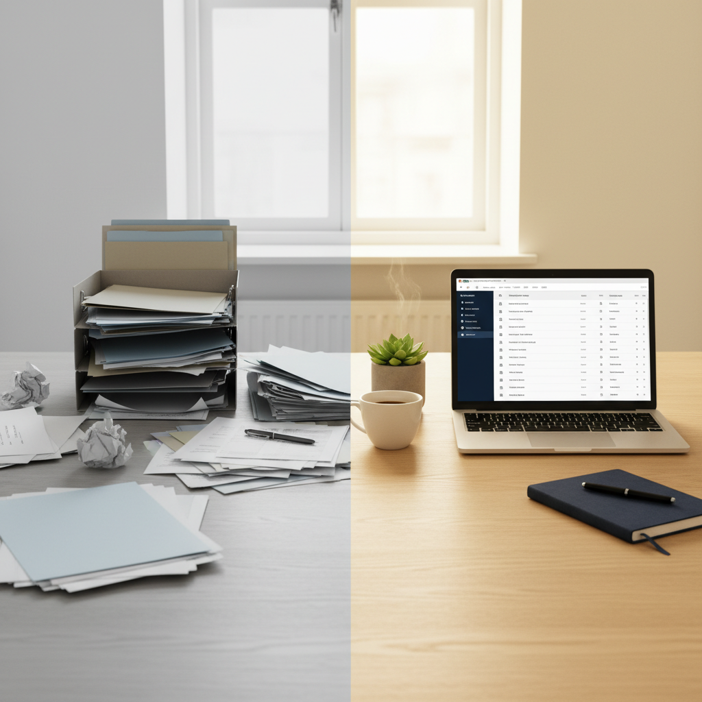 Jämförelse mellan analogt papperskaos och digital ordning med styrelseportal - från röriga mappar till ren laptop med organiserad dokumentlista